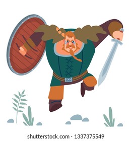 Viking. Big strong muscular orange warrior viking with sword and shield furiously attacks. Design concept with flat human character of  with cartoon vector isolated illustration.