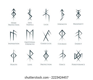 Viking Bind Runes isolated set. Mystical norse symbols collection with meanings. Scandinavian vector illustration for esoteric, fortune telling and tattoo.