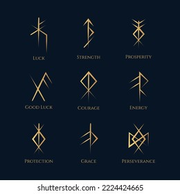 Viking Bind Runes isolated set. Golden norse symbols collection with meanings. Scandinavian vector illustration on a black background.