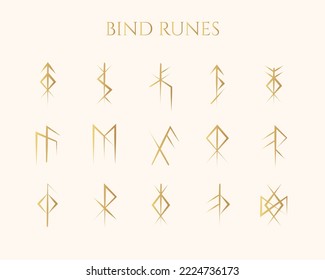 Viking Bind Runes isolated set. Golden norse symbols collection with meanings. Scandinavian vector illustration. 