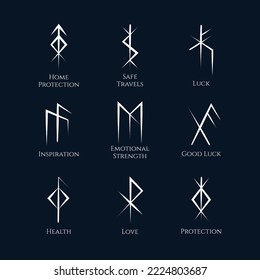 Viking Bind Runes isolated set. Mystical norse symbols collection with meanings. Scandinavian vector illustration on a black background.