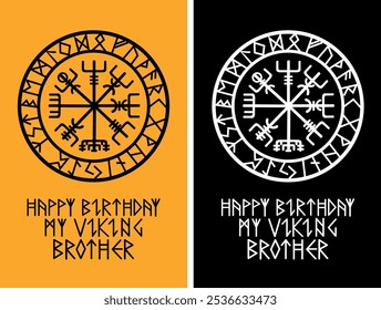 Viking aniversário vegvisir: Cartão com símbolo do viajante e parabéns do irmão, isolado em ilustrações vetoriais em um fundo de duas cores.