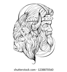 viking and bison tattoo sketch vector art illustration
