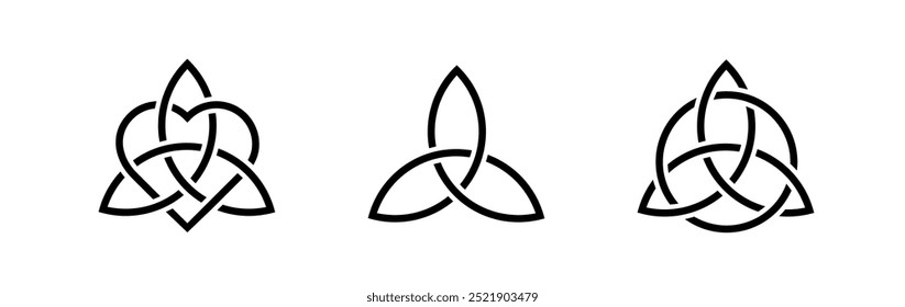 Triquetra negro vikingo. Nudo celta medieval. Símbolo religioso pagano. Trébol geométrico simétrico.