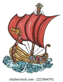 Viking boat. Drakkar ship. Old school tattoo vector art. Hand drawn graphic. Isolated on white. Traditional flash tattooing