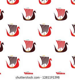 Viking boat flat vector pattern on white