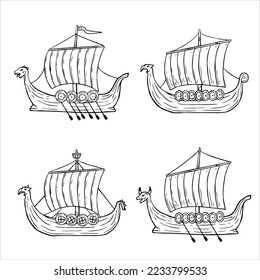 Viking boat. Nordic Drakkar, Swedish warship. Longship with oars. Cartoon scandinavian sailboat