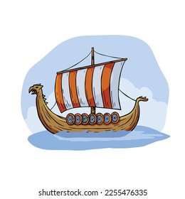 Viking boat. Nordic Drakkar, Swedish warship. Longship with oars. Cartoon scandinavian sailboat
