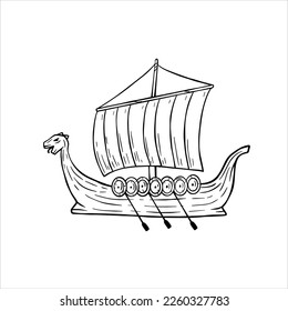 Viking boat. Nordic Drakkar, Swedish warship. Cartoon scandinavian sailboat for coloring book. Longship with oars