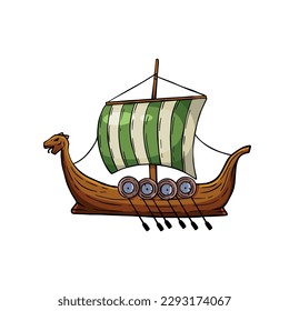 Viking boat. Nordic Drakkar, Swedish warship. Cartoon scandinavian sailboat. Longship with oars.