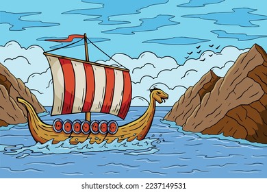 Viking boat at sea with fjord. Swedish wooden warship. Longship with oars. Cartoon historic scandinavian sailboat. Nordic medieval Drakkar