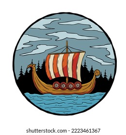 Viking boat at sea. Nordic Drakkar, Swedish warship. Longship with oars. Cartoon scandinavian sailboat