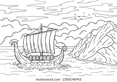 Viking boat at sea. Nordic Drakkar, Swedish historic warship. Longship with oars. Cartoon medieval scandinavian sailboat for coloring book