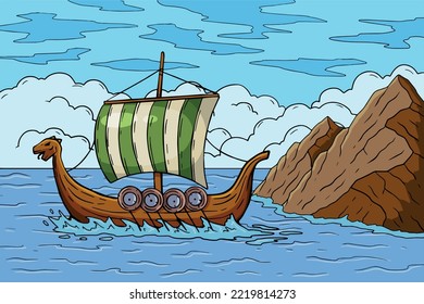 Viking boat at sea. Swedish warship. Longship with oars. Cartoon scandinavian sailboat. Nordic Drakkar