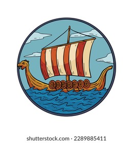 Viking boat at sea. Swedish warship. Longship with oars. Cartoon scandinavian sailboat. Nordic Drakkar