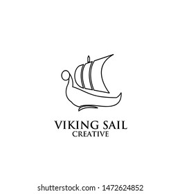 viking boat ship black line outline logo icon design vector illustration