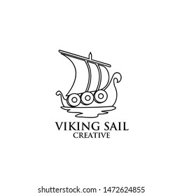 viking boat ship black line outline logo icon design vector illustration