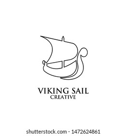 viking boat ship black line outline logo icon design vector illustration