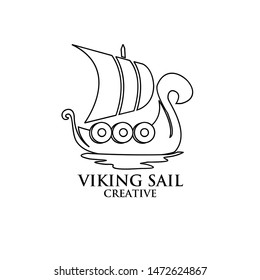 viking boat ship black line outline logo icon design vector illustration