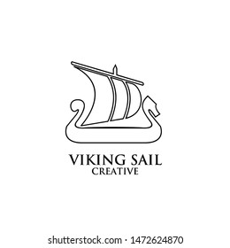 viking boat ship black line outline logo icon design vector illustration