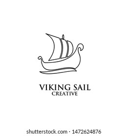viking boat ship black line outline logo icon design vector illustration