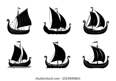 Viking Boat Vector Silhouette Set, Viking Ship Black Clipart Bundle