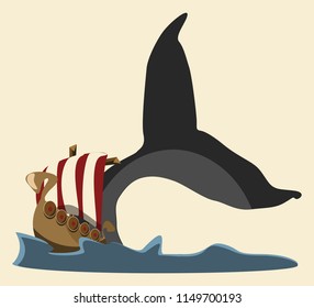 viking boat and whale vector illustration 