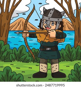 Viking with a Bow and Arrow Colored Cartoon 