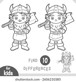 Viking boy with an ax. Find differences, black and white educational game for children