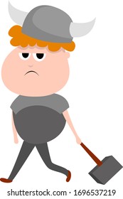 Viking boy with hammer, illustration, vector on white background