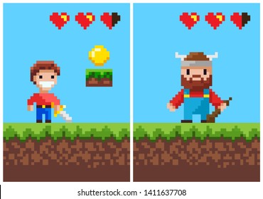 Viking and boy pixel game vector, characters with weapon. Pixelated male smiling holding sword, norwegian personage with wooden bat, life scale and coin of gold, 8 bit game