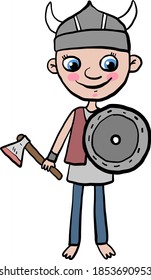 Viking boy con un escudo, ilustración, vector sobre fondo blanco