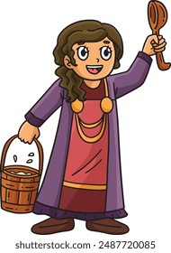 Viking with Bucket of Milk Cartoon Colored Clipart