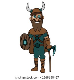 Viking cartoon with ax, shield and beard. White background isolated stock vector illustration