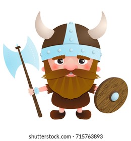 Viking cartoon character with an ax and a shield. Vector illustration of character viking.