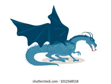 Viking cartoon character. The Great Fire-breathing Dragon. Mythical creature. Vector illustration. Flat style.