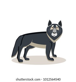 Viking cartoon character. A large gray wolf, an assistant to the god Odin. Witch. Black Raven. Vector illustration. Flat style.