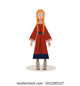 Viking cartoon character. Notable woman viking in a long dress, necklace. Vector illustration. Flat style.