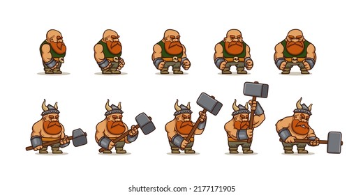 Viking Cartoon Character Sprite Sheet Animation For 2d Rpg Game. Scandinavian Warrior Personage Fight With Hammer Animated Effect, Barbarian With Ginger Beard Different Poses, Vector Illustration