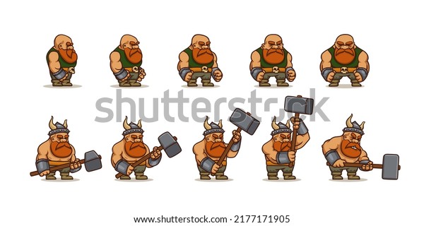 Viking cartoon character sprite sheet\
animation for 2d rpg game. Scandinavian warrior personage fight\
with hammer animated effect, barbarian with ginger beard different\
poses, Vector\
illustration