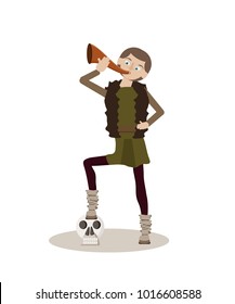 Viking cartoon character. A teenager boy stands with his foot on the skull and blows the horn. Vector illustration. Flat style.