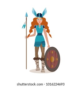 Viking cartoon character. Valkyrie with spear and shield. Vector illustration. Flat style.