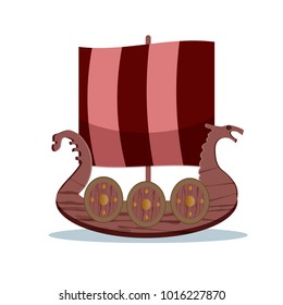 Viking cartoon character. Wooden Viking sail boat. Vector illustration. Flat style.