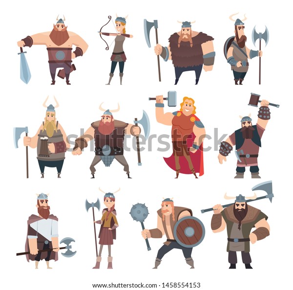 バイキングの漫画 北欧神話のキャラクターノルウェーの衣装バイキング戦士の男性と女性のベクターイラスト 北欧の人々 バイキングと戦士 のベクター画像素材 ロイヤリティフリー
