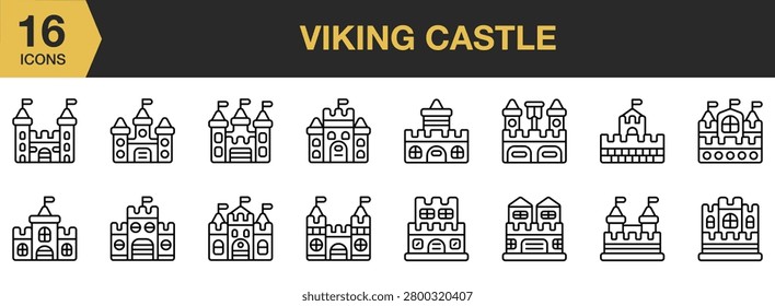 Viking Castle icon set. Includes fortified castles, Norse strongholds, towers, walls, medieval architecture and More. Outline icons vector collection.