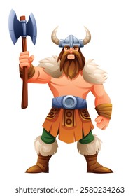 Viking character with axe in battle stance. Vector cartoon illustration