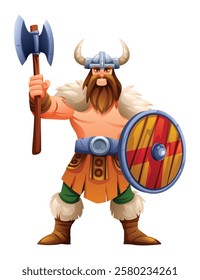 Viking character with axe and shield in battle stance. Vector cartoon illustration