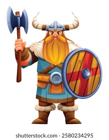 Viking character with axe and shield, ready for battle. Vector cartoon illustration