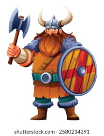 Viking character with axe and shield. Vector cartoon illustration isolated on white background