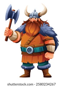 Viking character with axe. Vector cartoon illustration isolated on white background